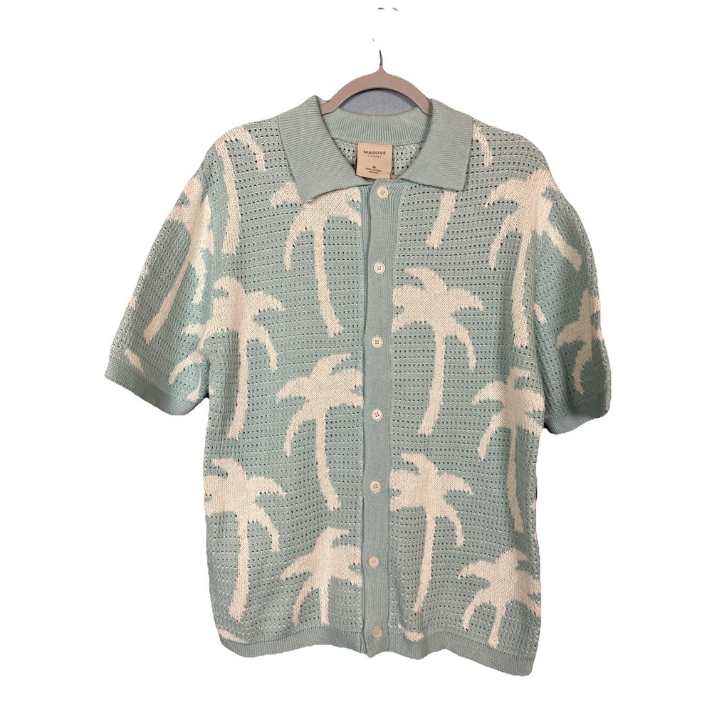 NWT Massive Luxury‎ Men's M Palm Tree Knit Crochet Short Sleeve Button Up Shirt